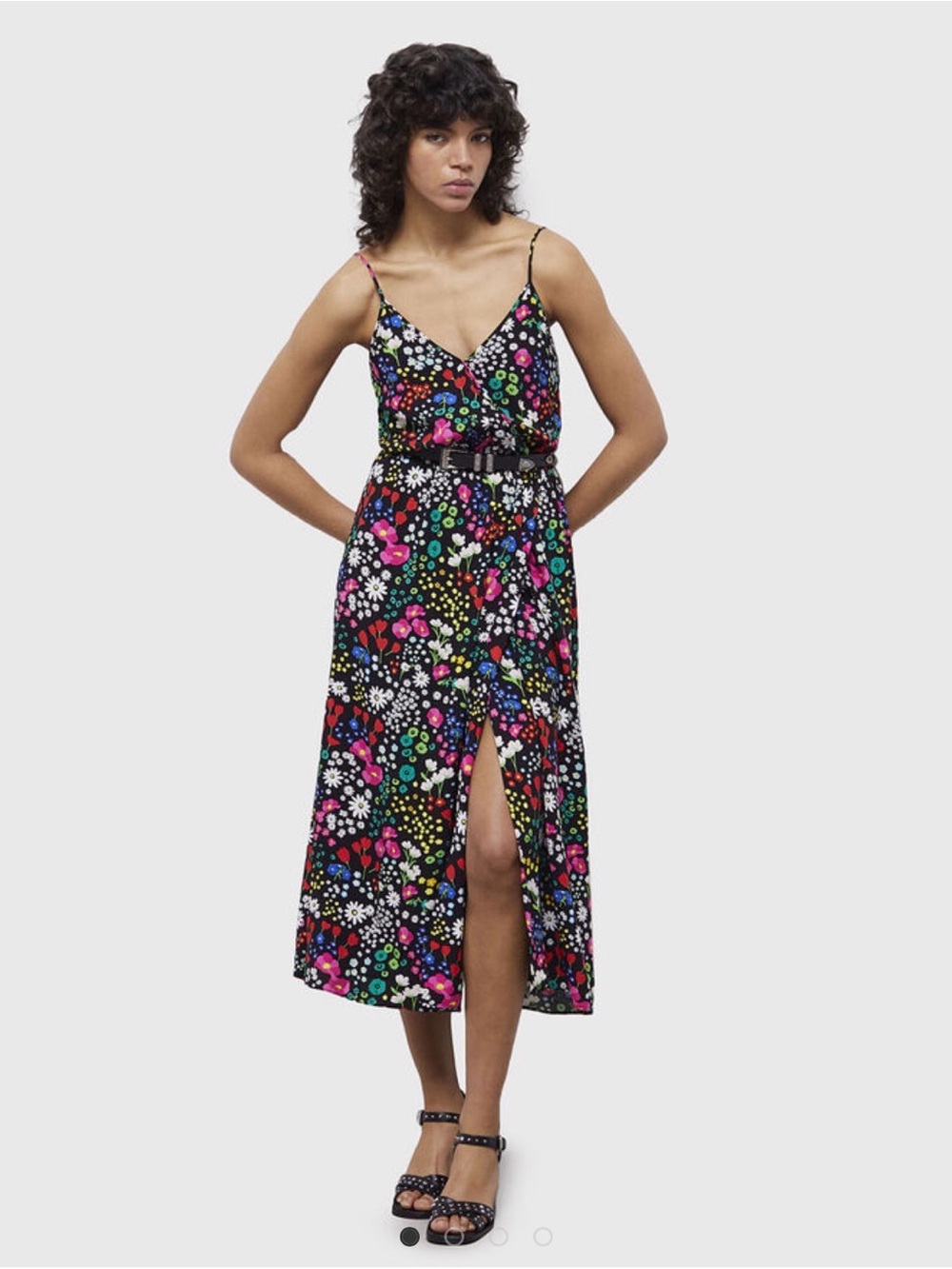 The Kooples Black Floral Faux Wrap Midi Dress